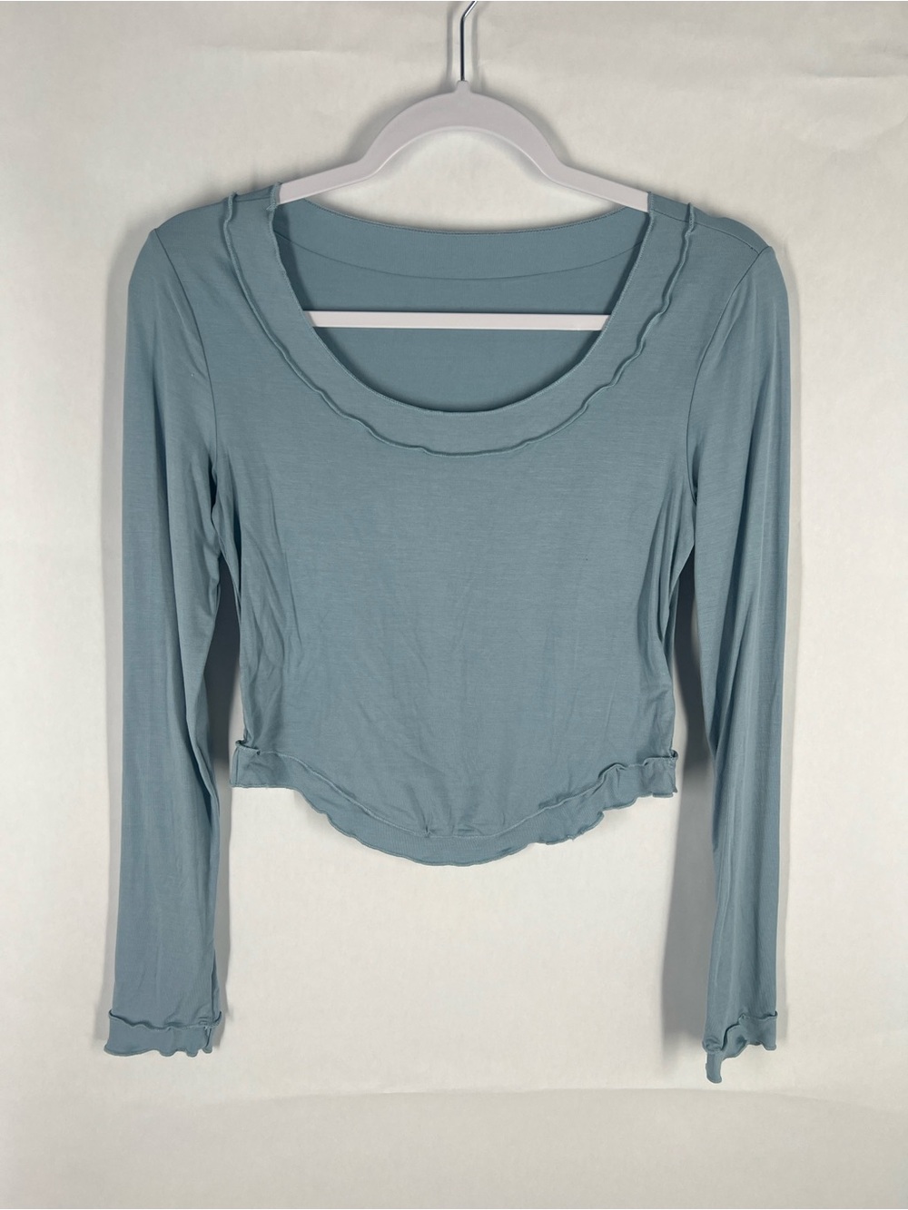 Women’s Long Sleeve Scalloped Edge Top - Dusty‎ Blue Y2K
